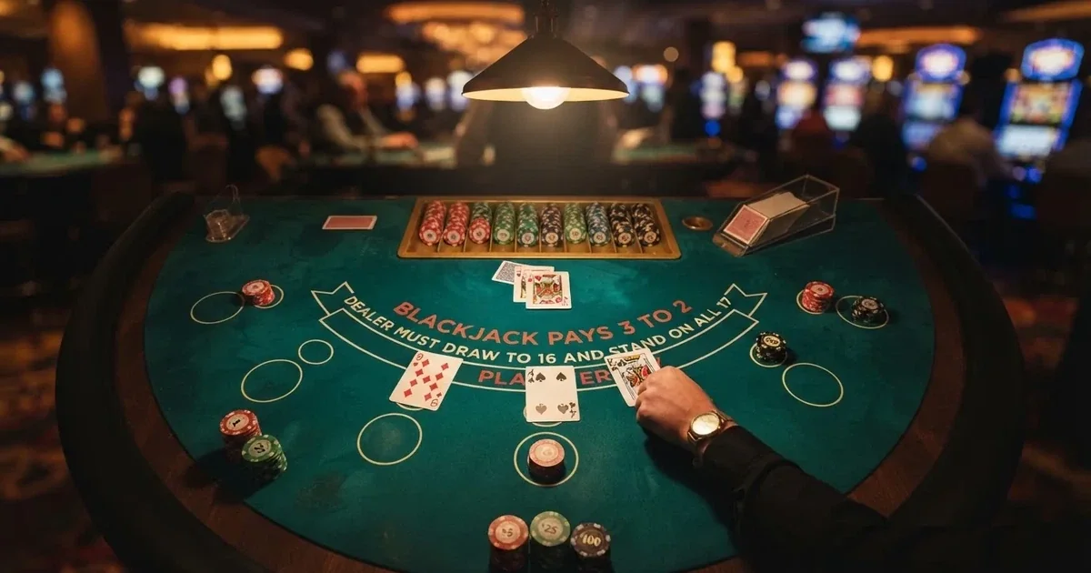 Valaistu pelipöytä ja pelikortit ylhäältä kuvattuna — casino ventti