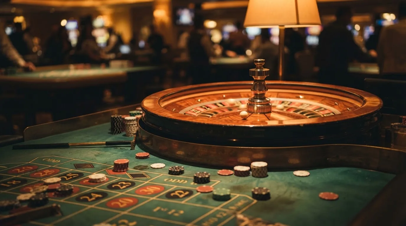 Rulettipyörä ja pelimerkit vihreällä huovalla lämpimässä iltavalossa — casino ventti