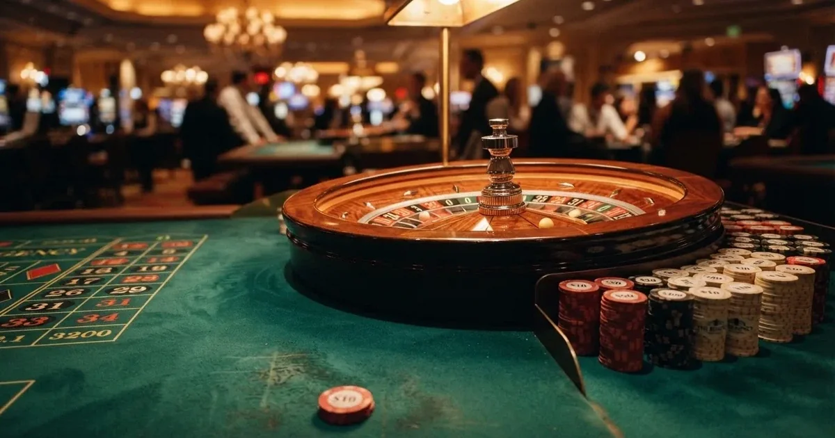 Rulettipyörä ja pelimerkit vihreällä huovalla lämpimässä iltavalossa — heti voitot casino
