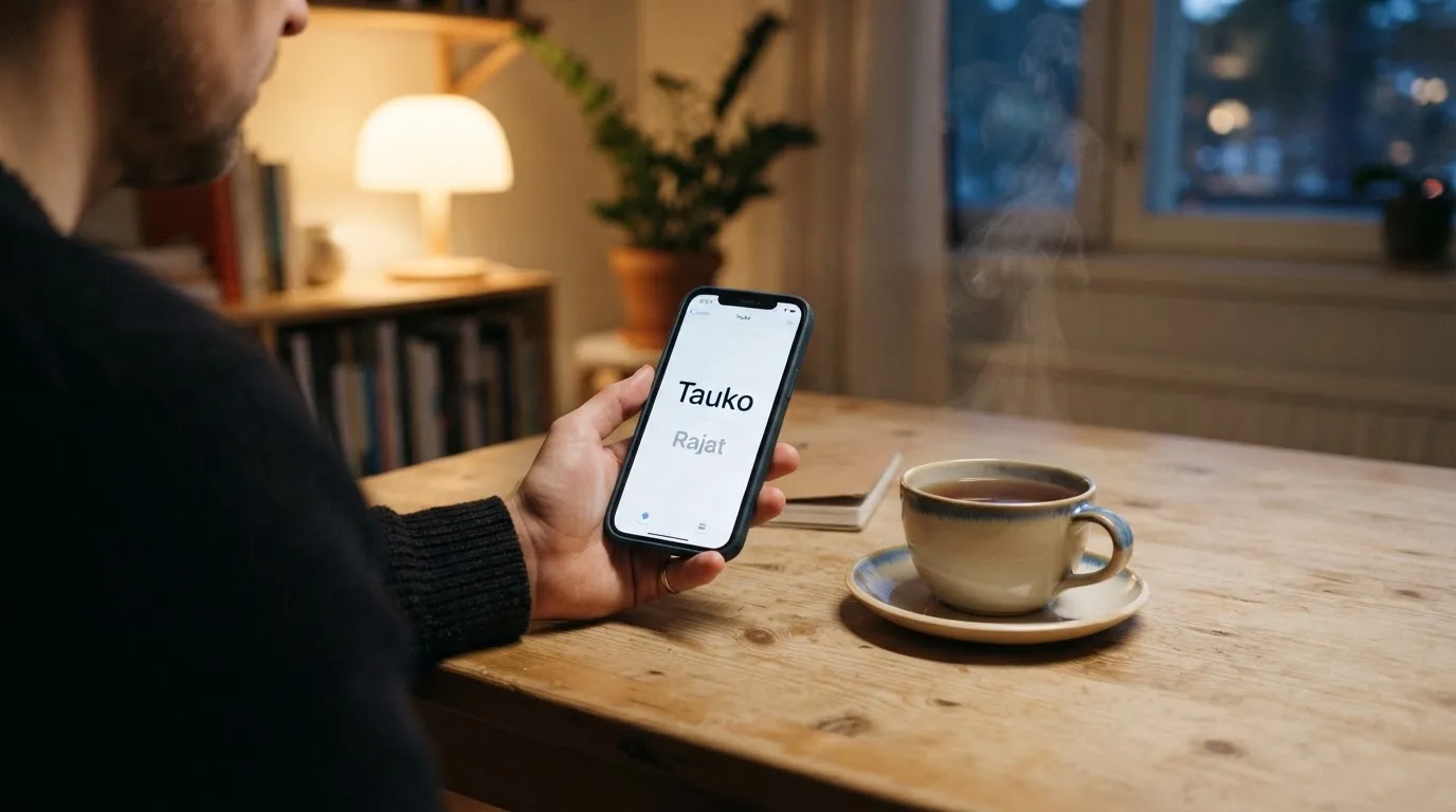 Käsi pitää puhelinta teekupin vieressä keittiön pöydän ääressä rauhallisena iltana — hyvä verovapaa kasino