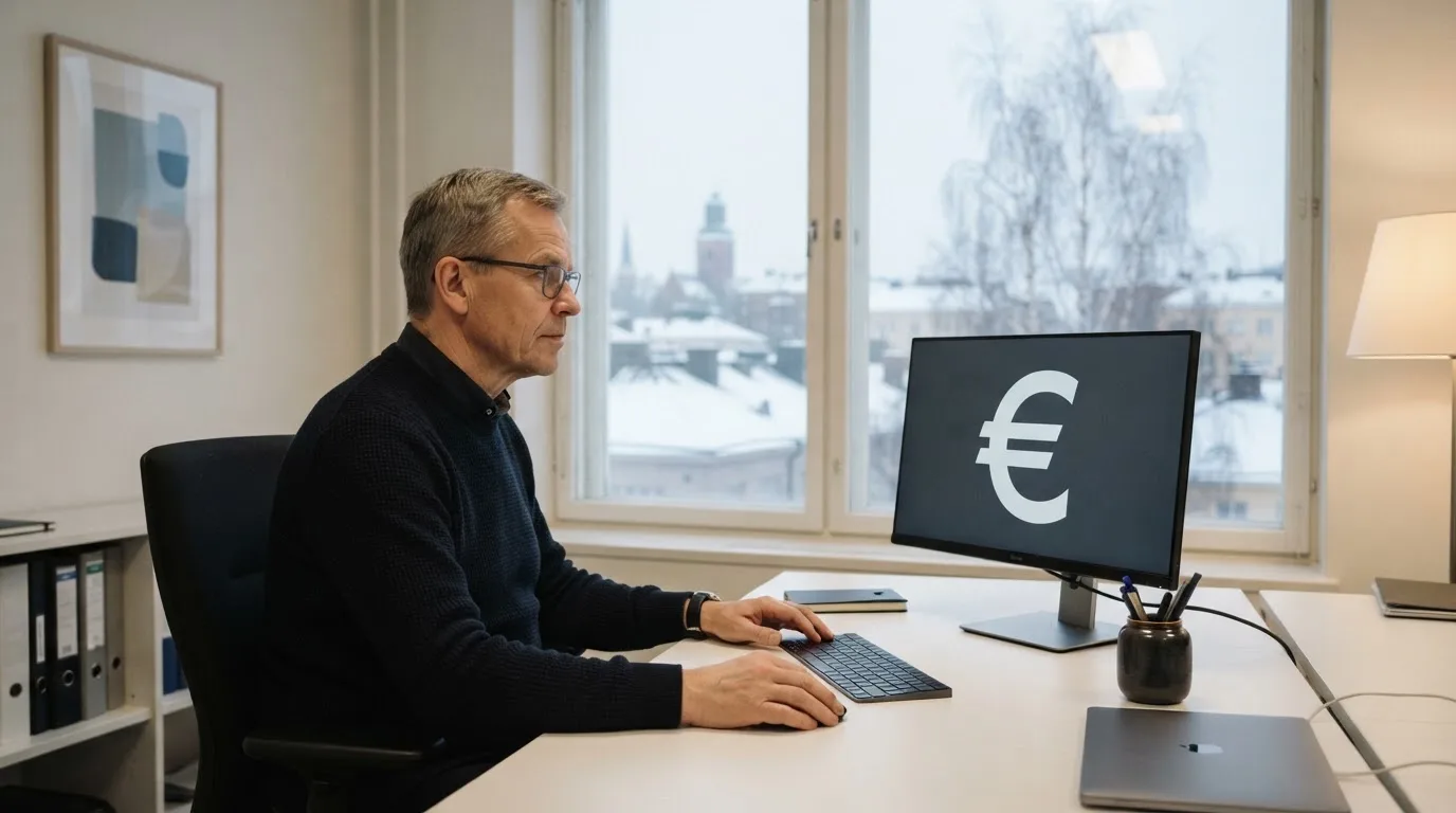 Virkailija istuu vaaleassa virastohuoneessa tietokoneen ääressä, ikkunasta näkyy talvinen kaupunkimaisema.