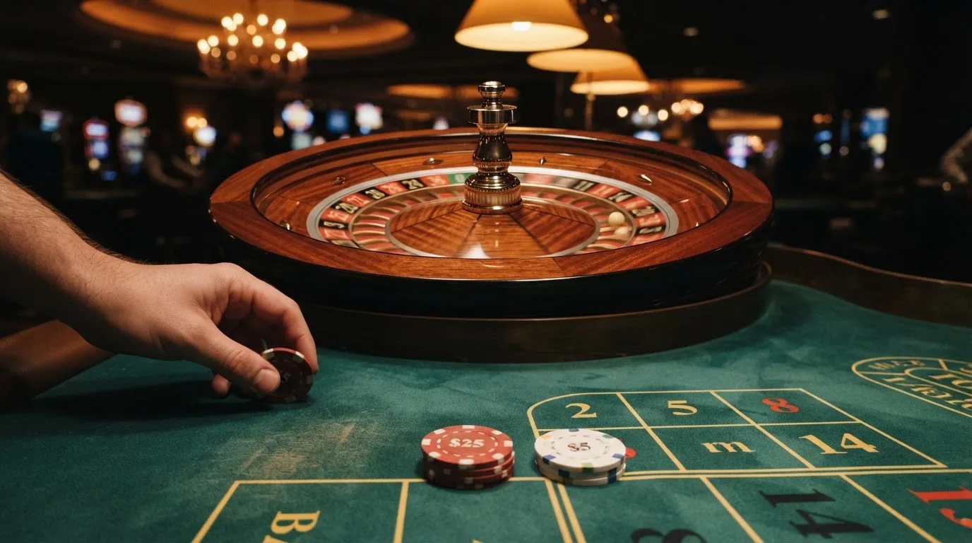 Rulettipyörä ja pelimerkit vihreällä huovalla lämpimässä iltavalossa — kolikkopelit casino pelit