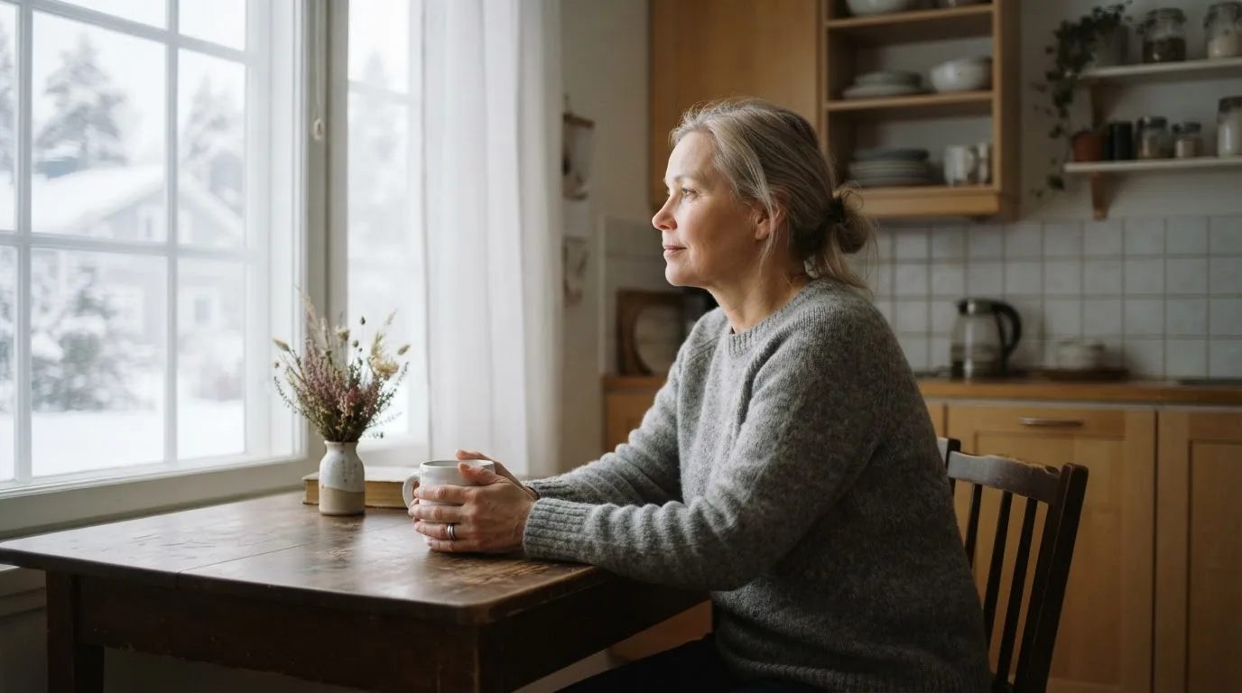 Henkilö istuu keittiön pöydän ääressä teekupin kanssa katsoen ulos ikkunasta rauhallisesti.