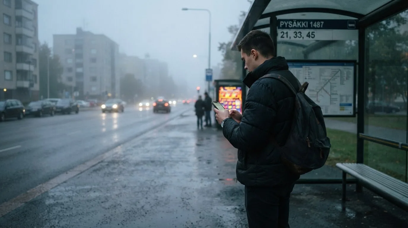 Nuori mies selaa älypuhelinta bussipysäkillä odottaessaan iltapäivällä, taustalla sumuinen katunäkymä.