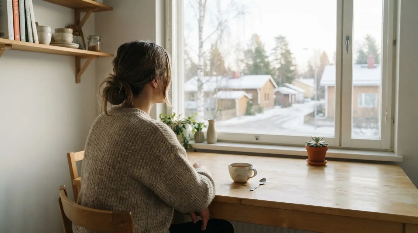 Henkilö istuu keittiön pöydän ääressä teekupin kanssa katsellen ulos ikkunasta aamulla.