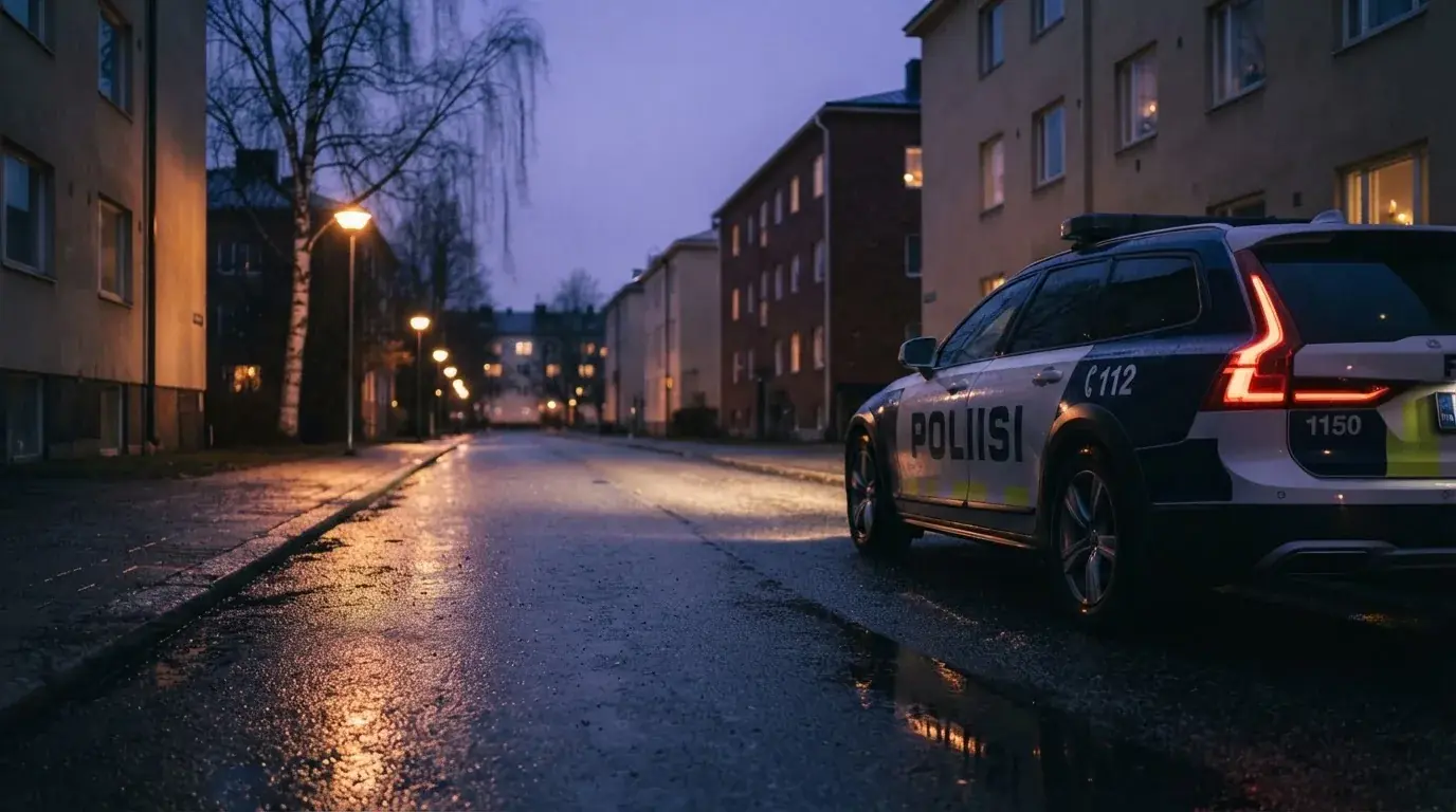Poliisiauto pysäköitynä hiljaiselle kadulle iltahämärässä, valot heijastuvat kostealta tienpinnalta autioksi jääneellä kadulla.