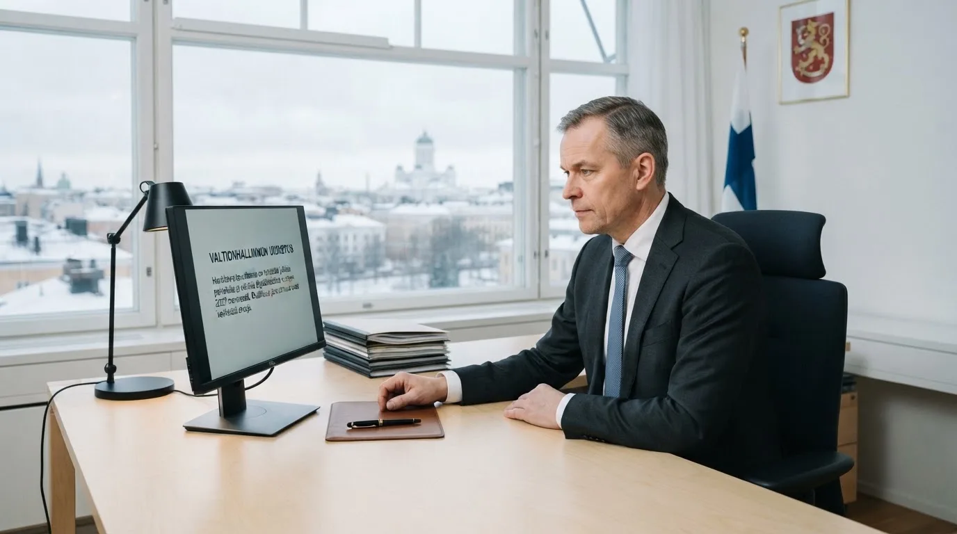 Virkailija istuu vaaleassa virastohuoneessa tietokoneen ääressä, ikkunasta näkyy talvinen kaupunkimaisema.